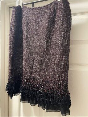 Metallic Plum Knit Fringe Hem Skirt